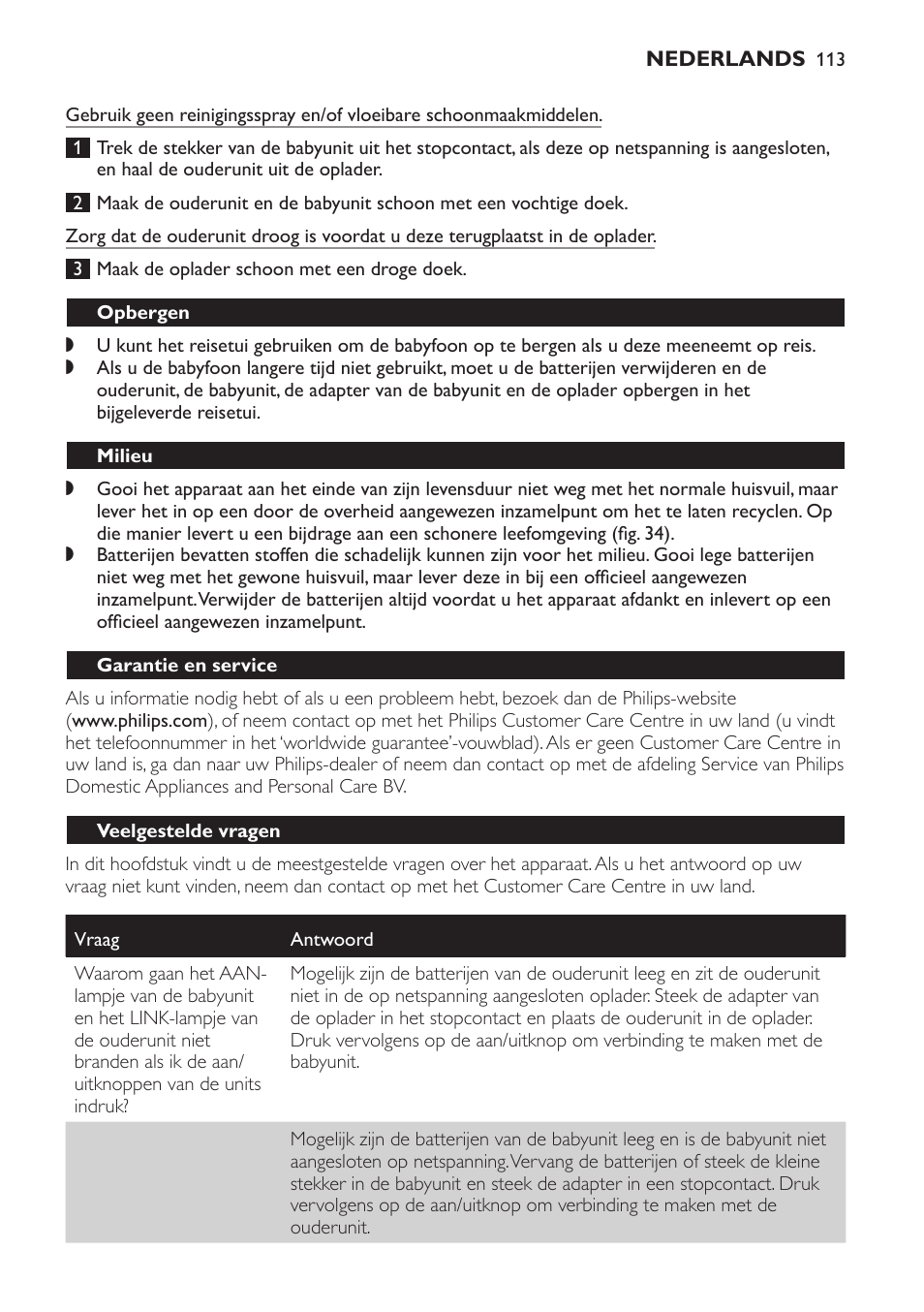 Opbergen, Milieu, Garantie en service | Veelgestelde vragen | Philips AVENT Vigilabebés DECT User Manual | Page 113 / 168