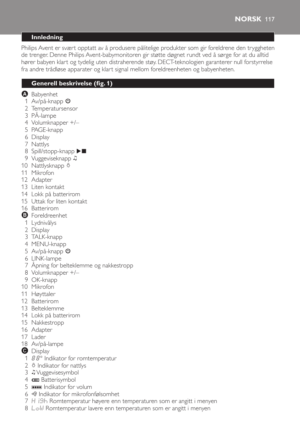 Norsk, Innledning, Generell beskrivelse (fig. 1) | Philips AVENT Vigilabebés DECT User Manual | Page 117 / 168