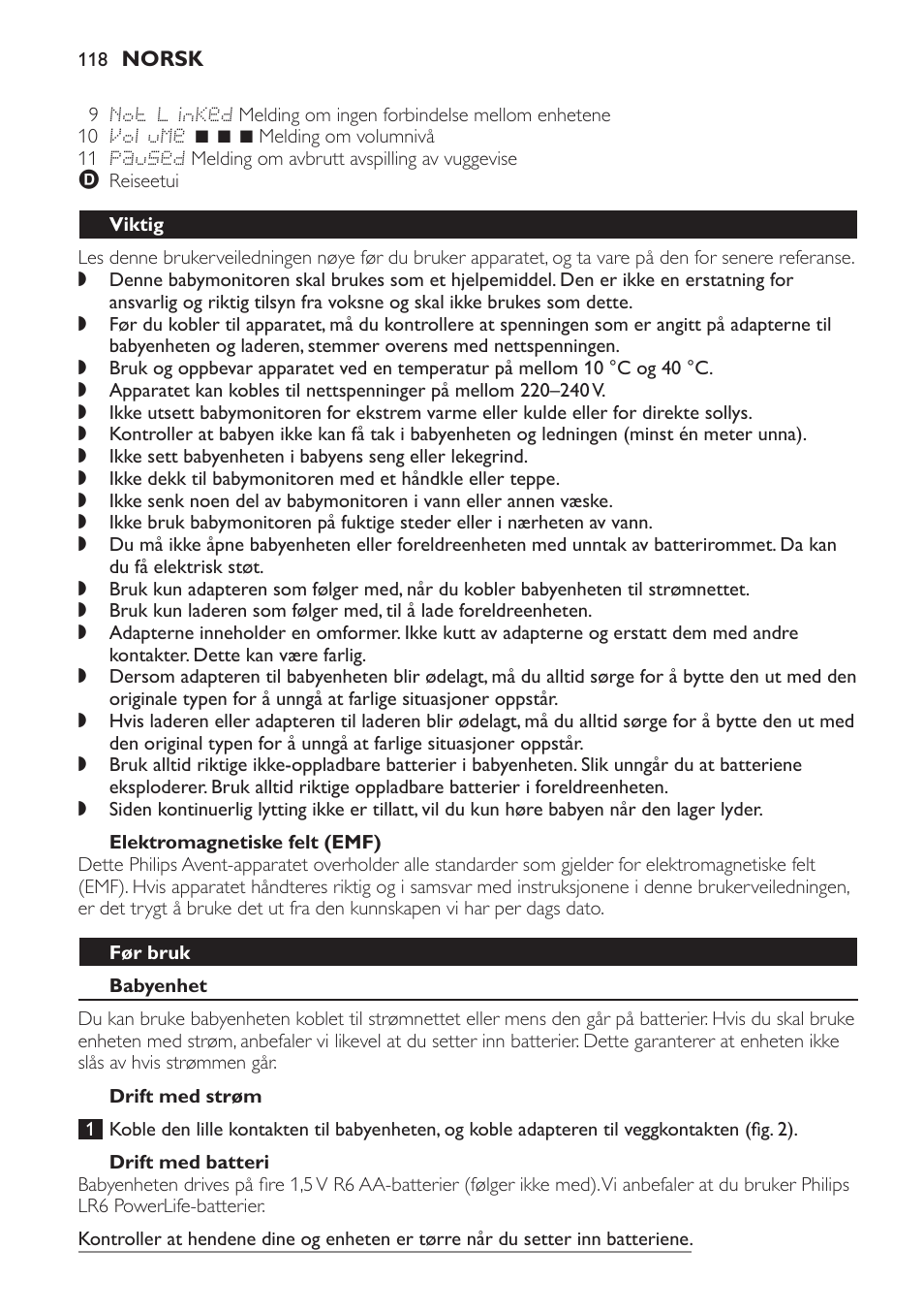 Elektromagnetiske felt (emf), Viktig, Før bruk | Babyenhet, Drift med strøm, Drift med batteri | Philips AVENT Vigilabebés DECT User Manual | Page 118 / 168