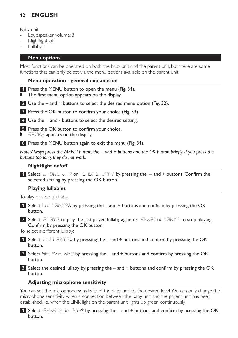 Menu options, Menu operation - general explanation, Nightlight on/off | Playing lullabies, Adjusting microphone sensitivity | Philips AVENT Vigilabebés DECT User Manual | Page 12 / 168