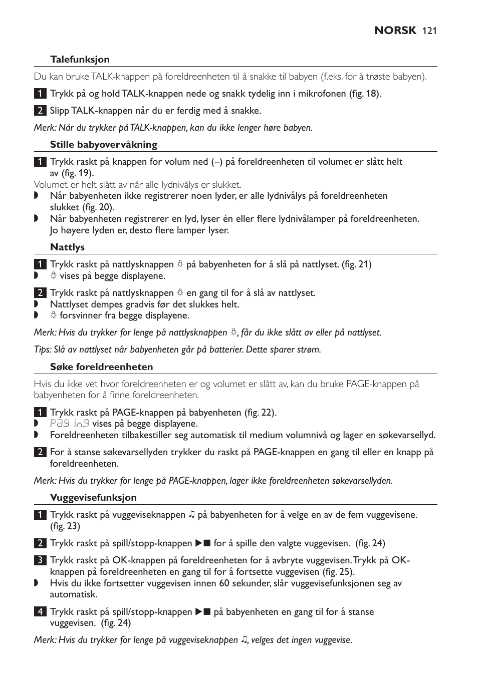 Talefunksjon, Stille babyovervåkning, Nattlys | Søke foreldreenheten, Vuggevisefunksjon | Philips AVENT Vigilabebés DECT User Manual | Page 121 / 168