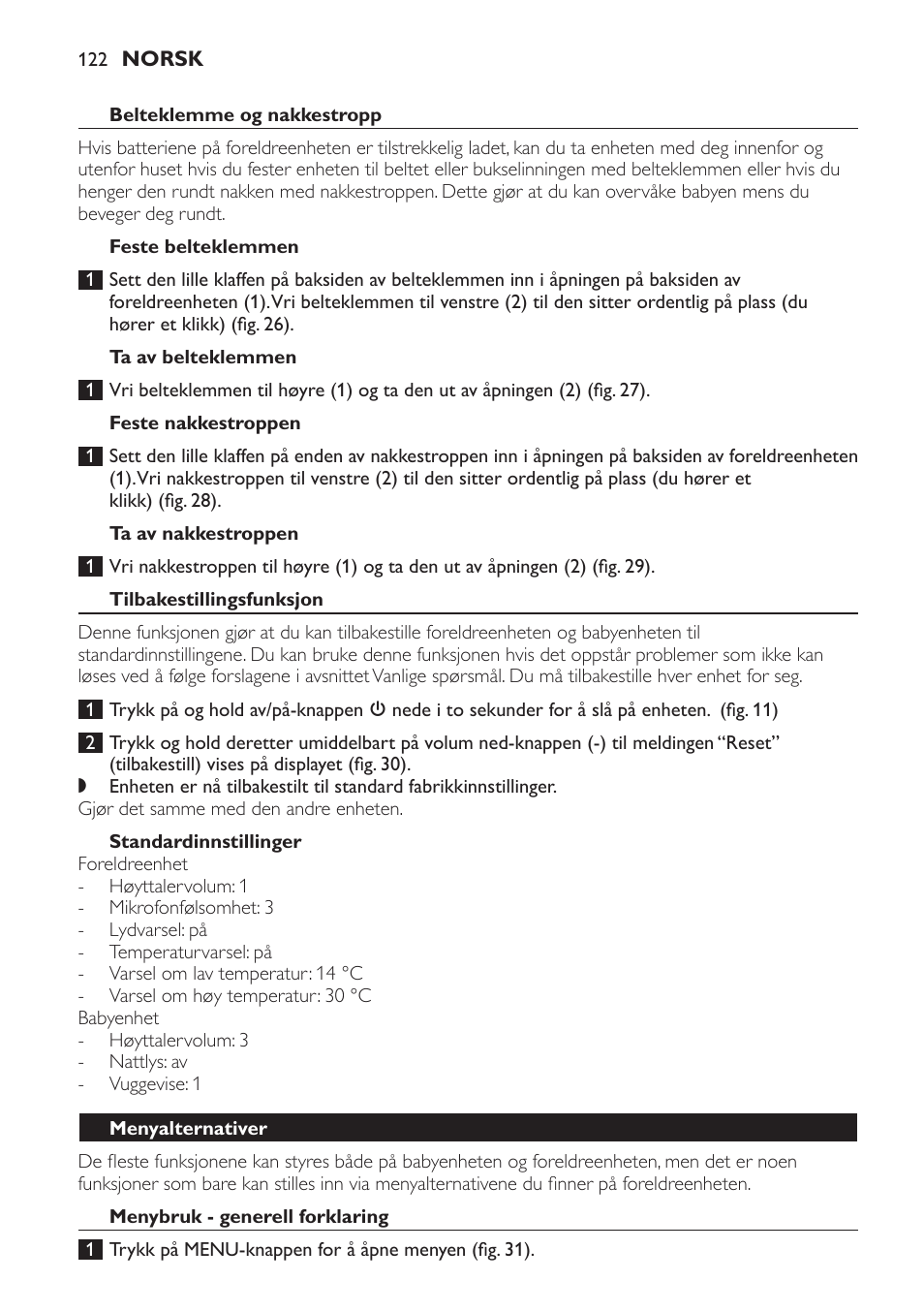 Belteklemme og nakkestropp, Feste belteklemmen, Ta av belteklemmen | Feste nakkestroppen, Ta av nakkestroppen, Tilbakestillingsfunksjon, Standardinnstillinger, Menyalternativer, Menybruk - generell forklaring | Philips AVENT Vigilabebés DECT User Manual | Page 122 / 168