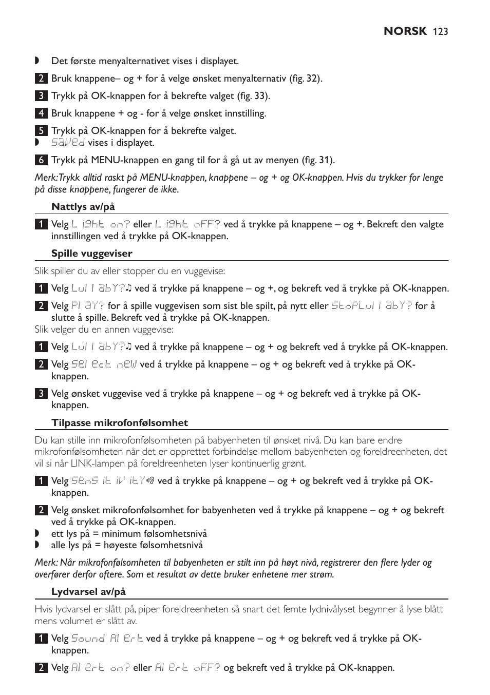 Nattlys av/på, Spille vuggeviser, Tilpasse mikrofonfølsomhet | Lydvarsel av/på | Philips AVENT Vigilabebés DECT User Manual | Page 123 / 168