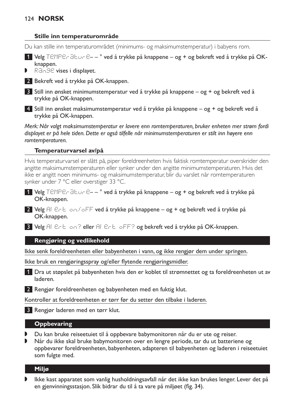 Stille inn temperaturområde, Temperaturvarsel av/på, Rengjøring og vedlikehold | Oppbevaring, Miljø | Philips AVENT Vigilabebés DECT User Manual | Page 124 / 168