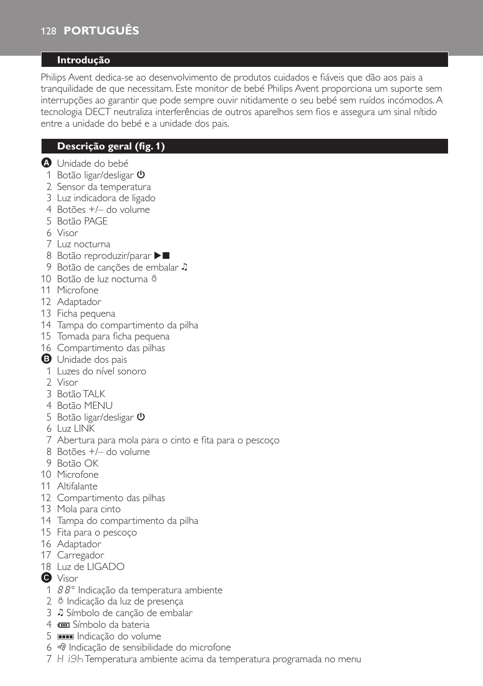 Português, Introdução, Descrição geral (fig. 1) | Philips AVENT Vigilabebés DECT User Manual | Page 128 / 168