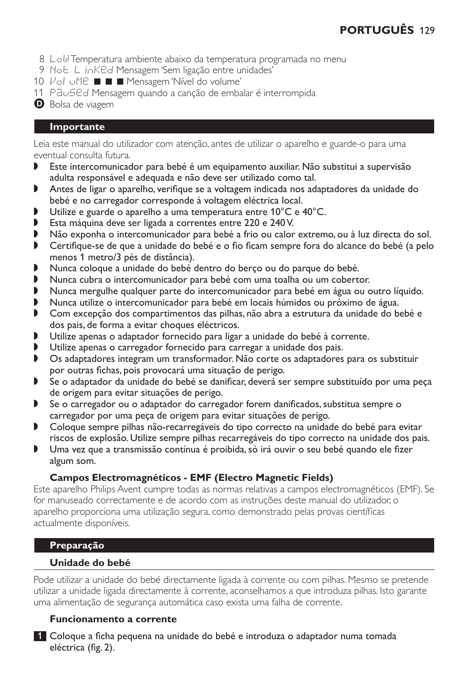 Importante, Preparação, Unidade do bebé | Funcionamento a corrente | Philips AVENT Vigilabebés DECT User Manual | Page 129 / 168