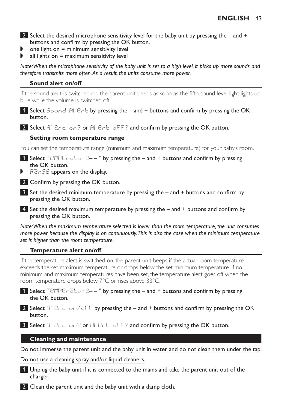 Sound alert on/off, Setting room temperature range, Temperature alert on/off | Cleaning and maintenance | Philips AVENT Vigilabebés DECT User Manual | Page 13 / 168