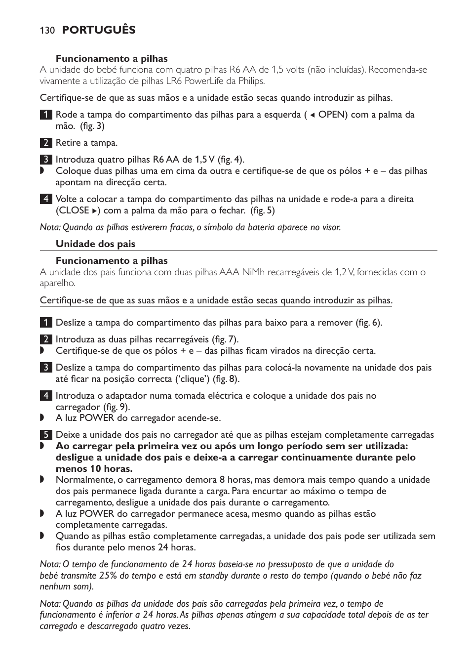 Funcionamento a pilhas, Unidade dos pais | Philips AVENT Vigilabebés DECT User Manual | Page 130 / 168