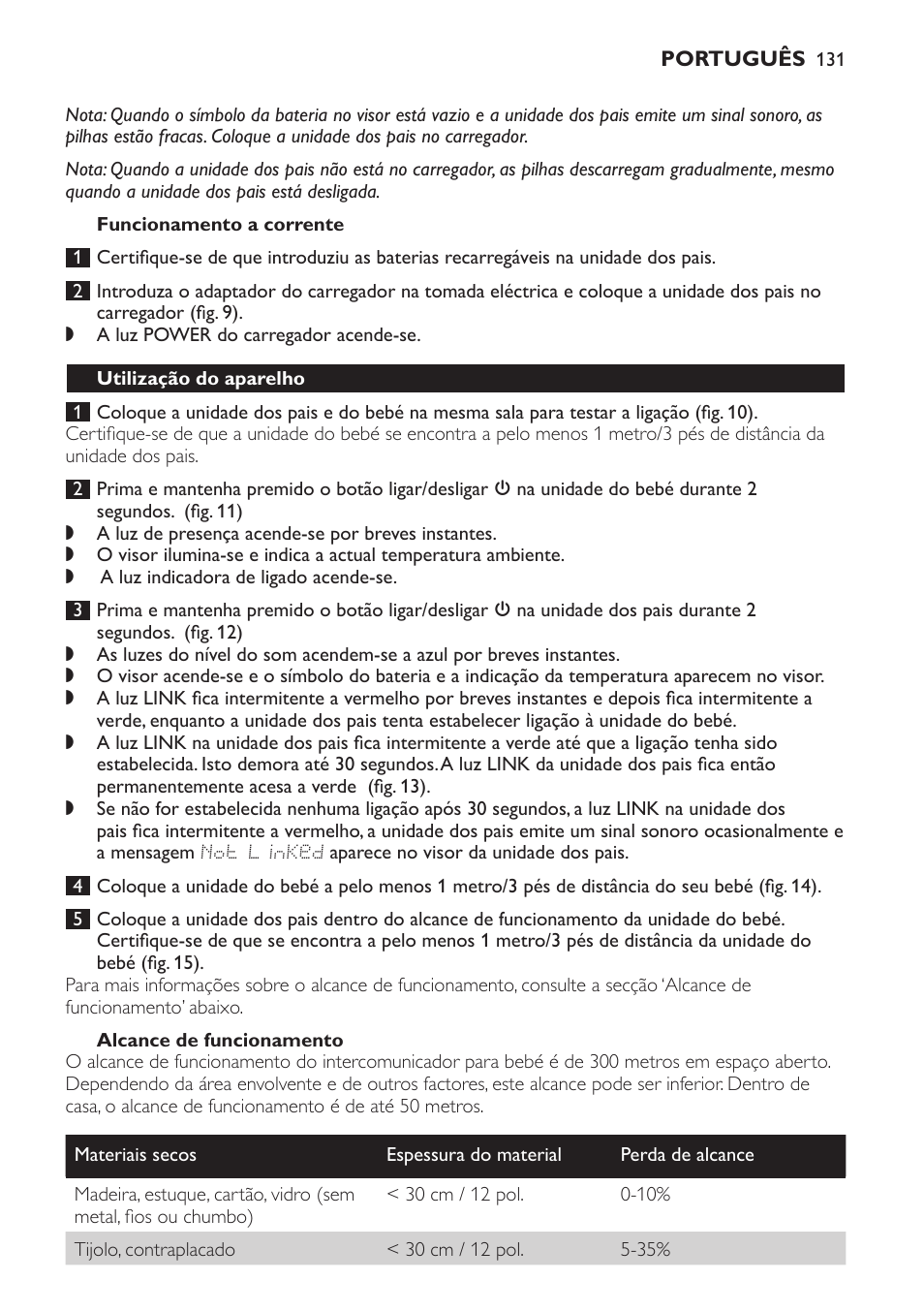 Funcionamento a corrente, Alcance de funcionamento, Utilização do aparelho | Philips AVENT Vigilabebés DECT User Manual | Page 131 / 168