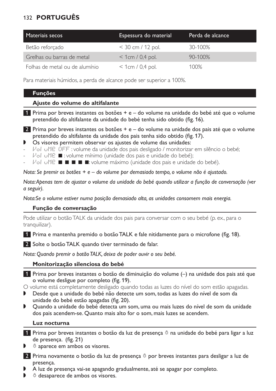 Funções, Ajuste do volume do altifalante, Função de conversação | Monitorização silenciosa do bebé, Luz nocturna | Philips AVENT Vigilabebés DECT User Manual | Page 132 / 168