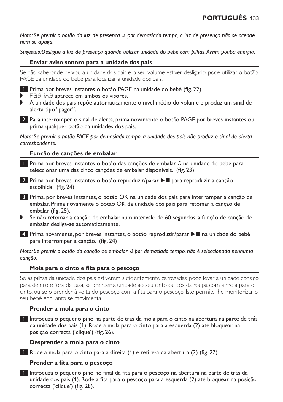 Enviar aviso sonoro para a unidade dos pais, Função de canções de embalar, Mola para o cinto e fita para o pescoço | Prender a mola para o cinto, Desprender a mola para o cinto, Prender a fita para o pescoço | Philips AVENT Vigilabebés DECT User Manual | Page 133 / 168