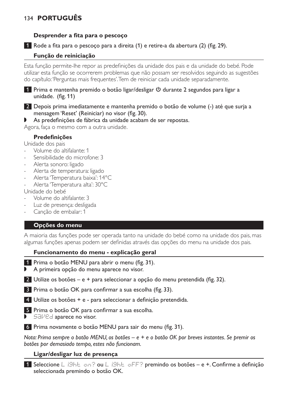 Desprender a fita para o pescoço, Função de reiniciação, Predefinições | Opções do menu, Funcionamento do menu - explicação geral, Ligar/desligar luz de presença | Philips AVENT Vigilabebés DECT User Manual | Page 134 / 168