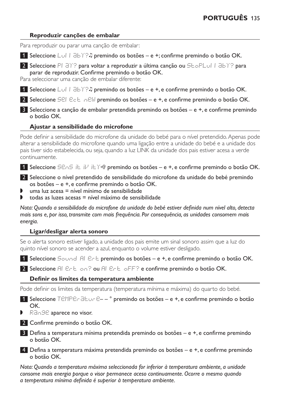 Reproduzir canções de embalar, Ajustar a sensibilidade do microfone, Ligar/desligar alerta sonoro | Definir os limites da temperatura ambiente | Philips AVENT Vigilabebés DECT User Manual | Page 135 / 168