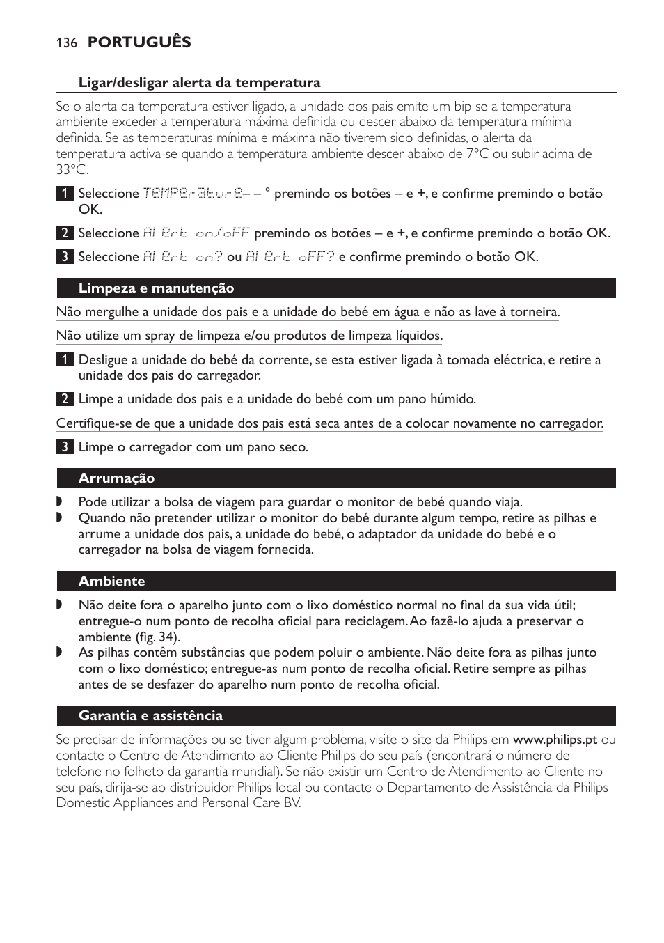 Ligar/desligar alerta da temperatura, Limpeza e manutenção, Arrumação | Ambiente, Garantia e assistência, Perguntas mais frequentes | Philips AVENT Vigilabebés DECT User Manual | Page 136 / 168