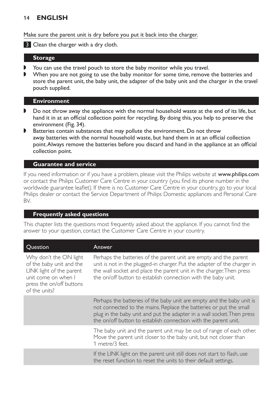 Storage, Environment, Guarantee and service | Frequently asked questions | Philips AVENT Vigilabebés DECT User Manual | Page 14 / 168