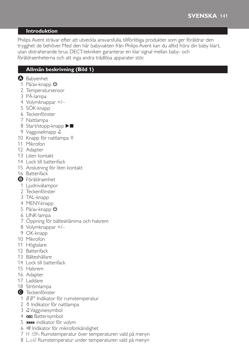 Svenska, Introduktion, Allmän beskrivning (bild 1) | Philips AVENT Vigilabebés DECT User Manual | Page 141 / 168