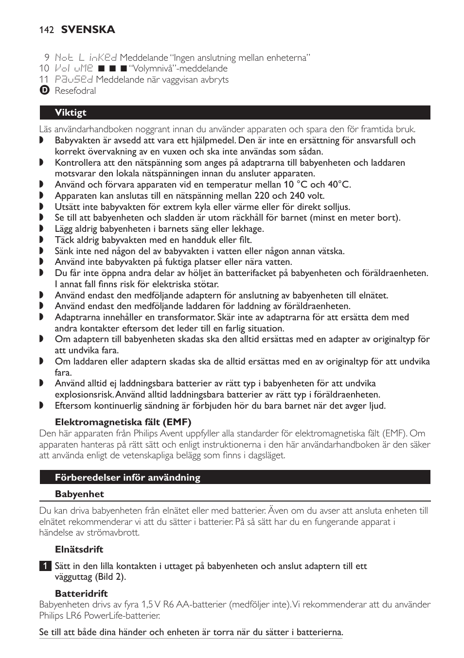 Elektromagnetiska fält (emf), Viktigt, Förberedelser inför användning | Babyenhet, Elnätsdrift, Batteridrift | Philips AVENT Vigilabebés DECT User Manual | Page 142 / 168