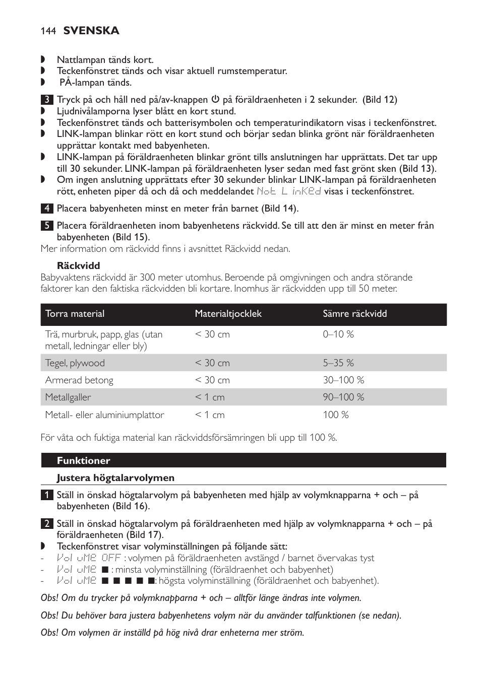 Räckvidd, Funktioner, Justera högtalarvolymen | Philips AVENT Vigilabebés DECT User Manual | Page 144 / 168