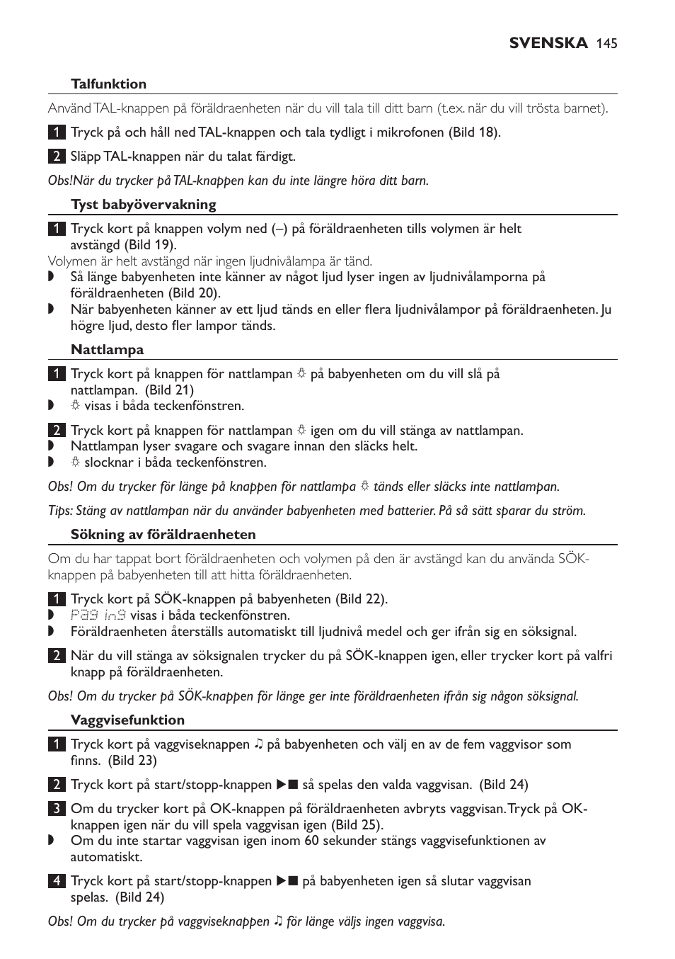 Talfunktion, Tyst babyövervakning, Nattlampa | Sökning av föräldraenheten, Vaggvisefunktion | Philips AVENT Vigilabebés DECT User Manual | Page 145 / 168