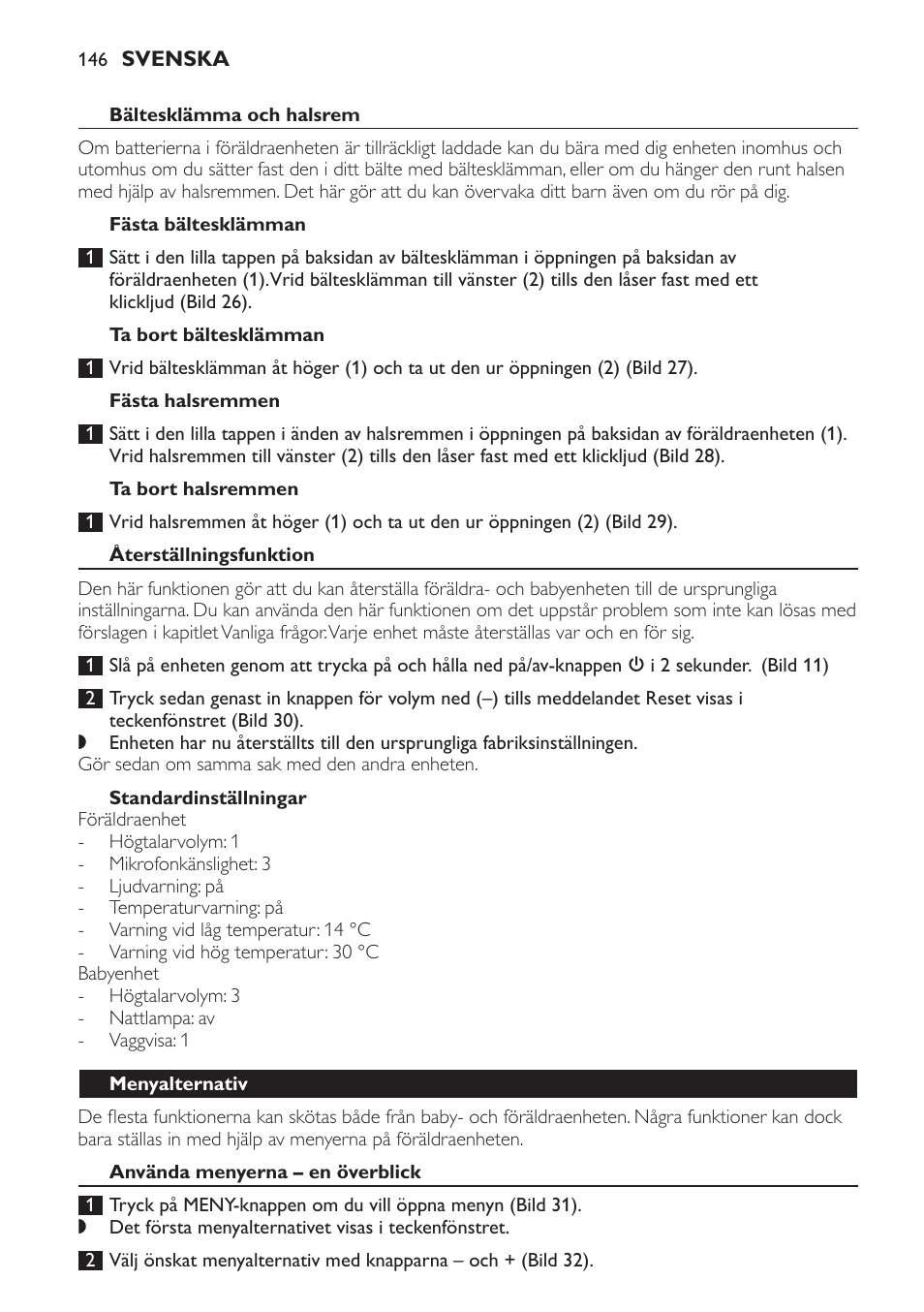 Bältesklämma och halsrem, Fästa bältesklämman, Ta bort bältesklämman | Fästa halsremmen, Ta bort halsremmen, Återställningsfunktion, Standardinställningar, Menyalternativ, Använda menyerna – en överblick | Philips AVENT Vigilabebés DECT User Manual | Page 146 / 168