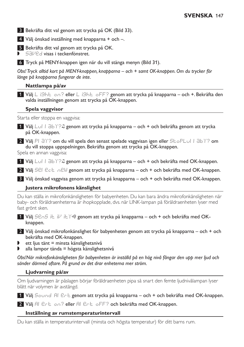 Nattlampa på/av, Spela vaggvisor, Justera mikrofonens känslighet | Ljudvarning på/av, Inställning av rumstemperaturintervall | Philips AVENT Vigilabebés DECT User Manual | Page 147 / 168