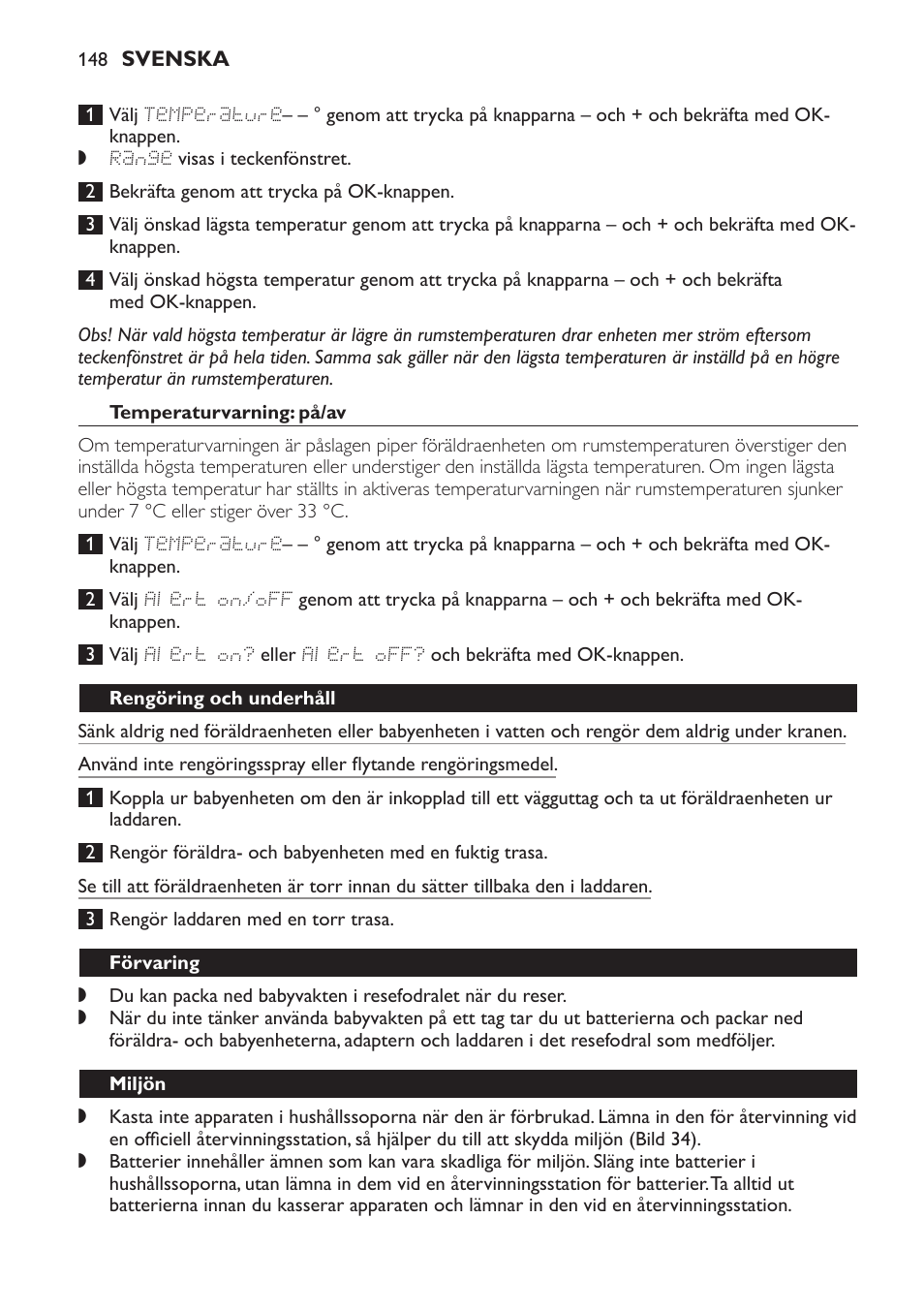 Temperaturvarning: på/av, Rengöring och underhåll, Förvaring | Miljön | Philips AVENT Vigilabebés DECT User Manual | Page 148 / 168