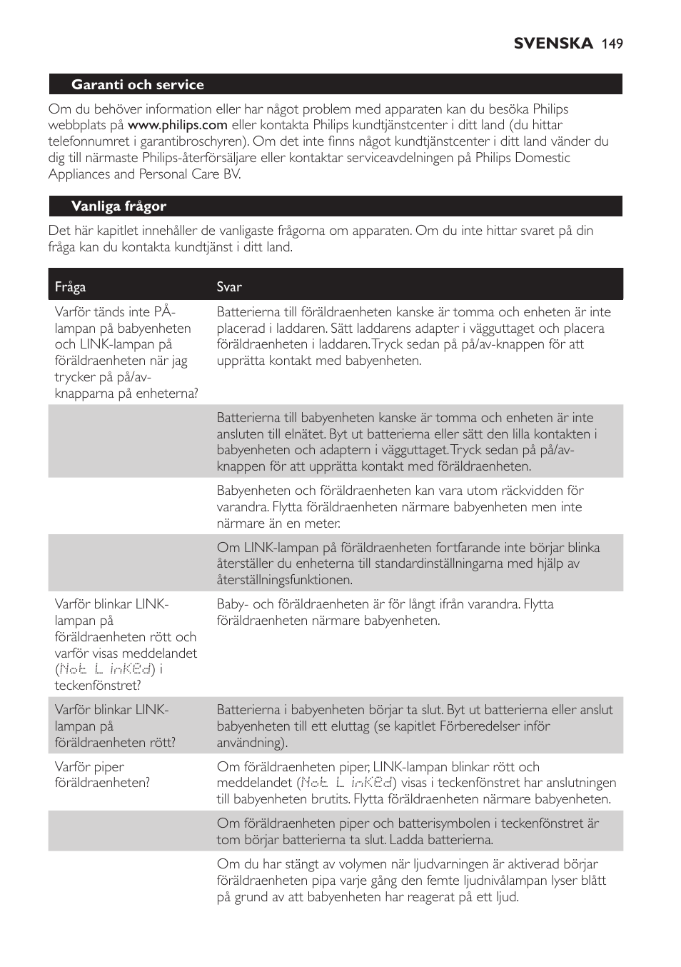 Garanti och service, Vanliga frågor | Philips AVENT Vigilabebés DECT User Manual | Page 149 / 168