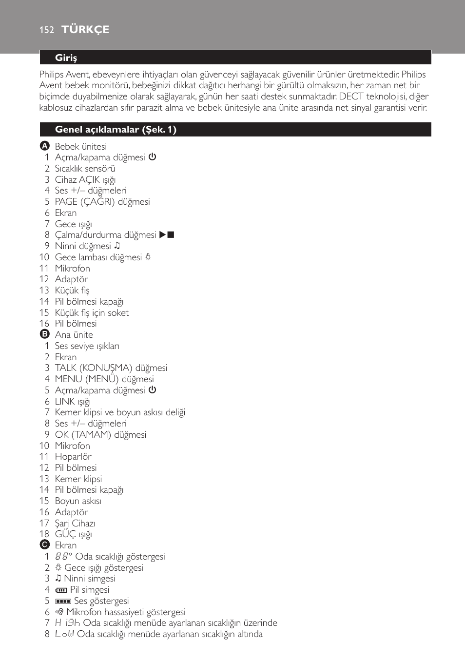 Türkçe, Giriş, Genel açıklamalar (şek. 1) | Philips AVENT Vigilabebés DECT User Manual | Page 152 / 168