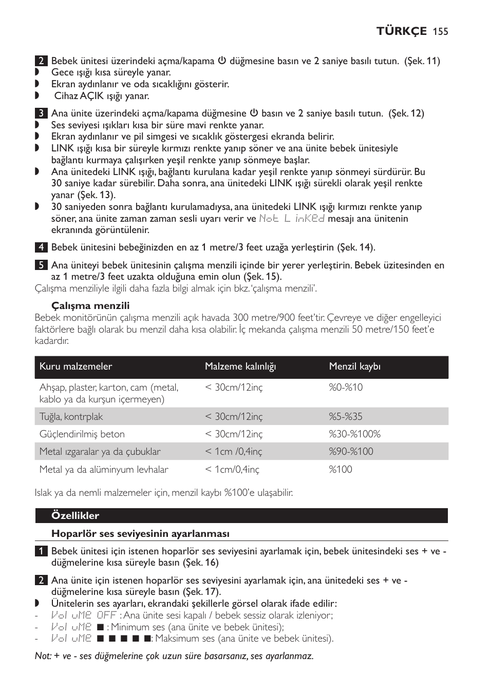 Çalışma menzili, Özellikler, Hoparlör ses seviyesinin ayarlanması | Philips AVENT Vigilabebés DECT User Manual | Page 155 / 168