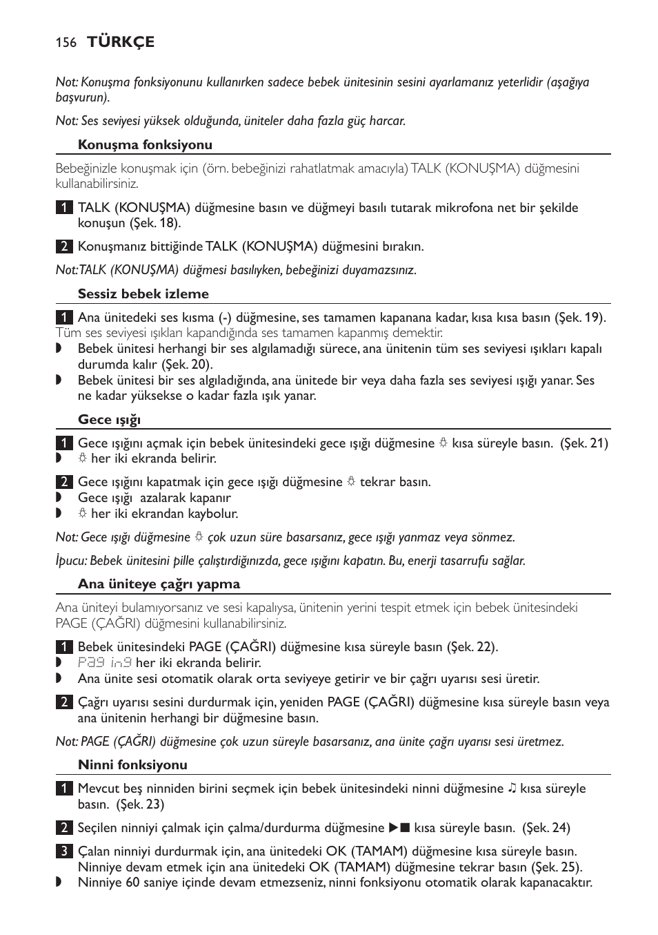 Konuşma fonksiyonu, Sessiz bebek izleme, Gece ışığı | Ana üniteye çağrı yapma, Ninni fonksiyonu | Philips AVENT Vigilabebés DECT User Manual | Page 156 / 168