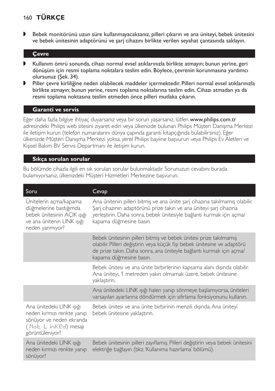 Çevre, Garanti ve servis, Sıkça sorulan sorular | Philips AVENT Vigilabebés DECT User Manual | Page 160 / 168