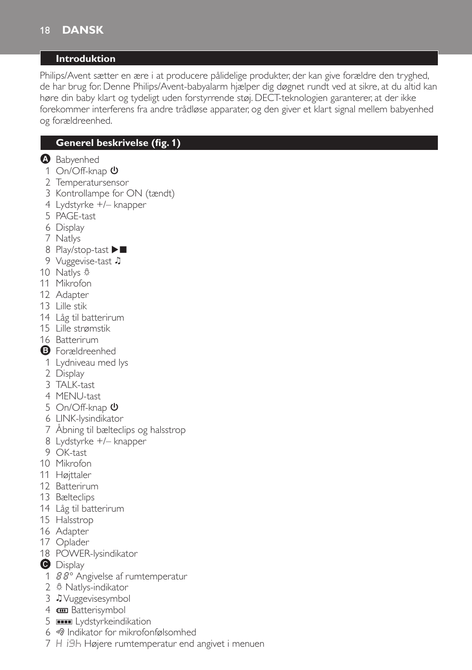 Dansk, Introduktion, Generel beskrivelse (fig. 1) | Philips AVENT Vigilabebés DECT User Manual | Page 18 / 168