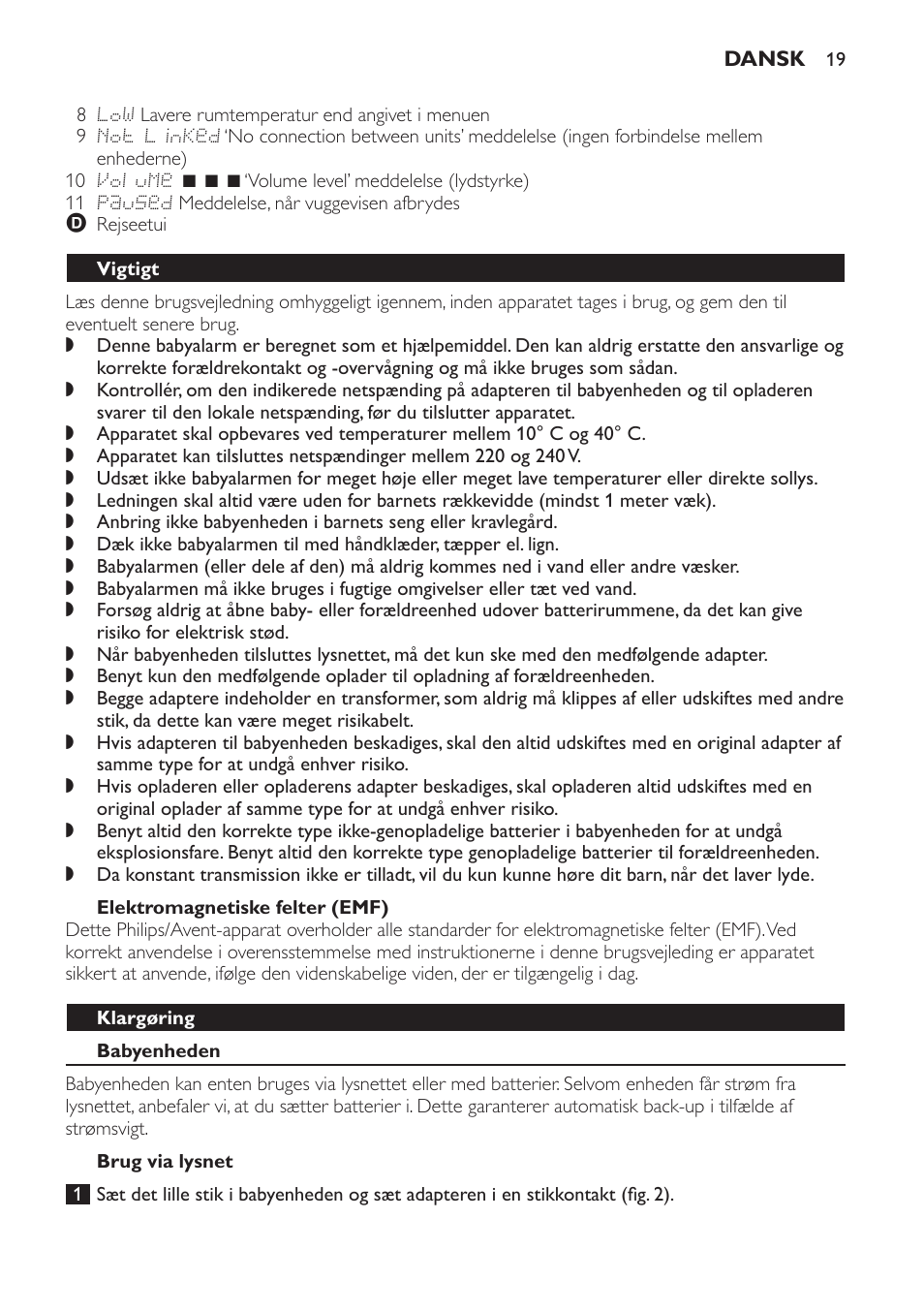 Elektromagnetiske felter (emf), Vigtigt, Klargøring | Babyenheden, Brug via lysnet | Philips AVENT Vigilabebés DECT User Manual | Page 19 / 168