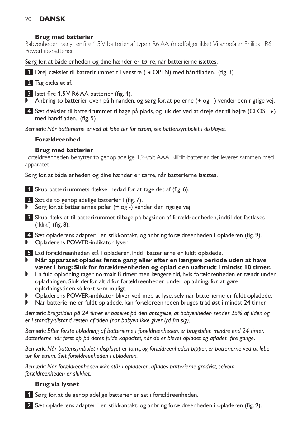 Brug med batterier, Forældreenhed, Brug via lysnet | Philips AVENT Vigilabebés DECT User Manual | Page 20 / 168