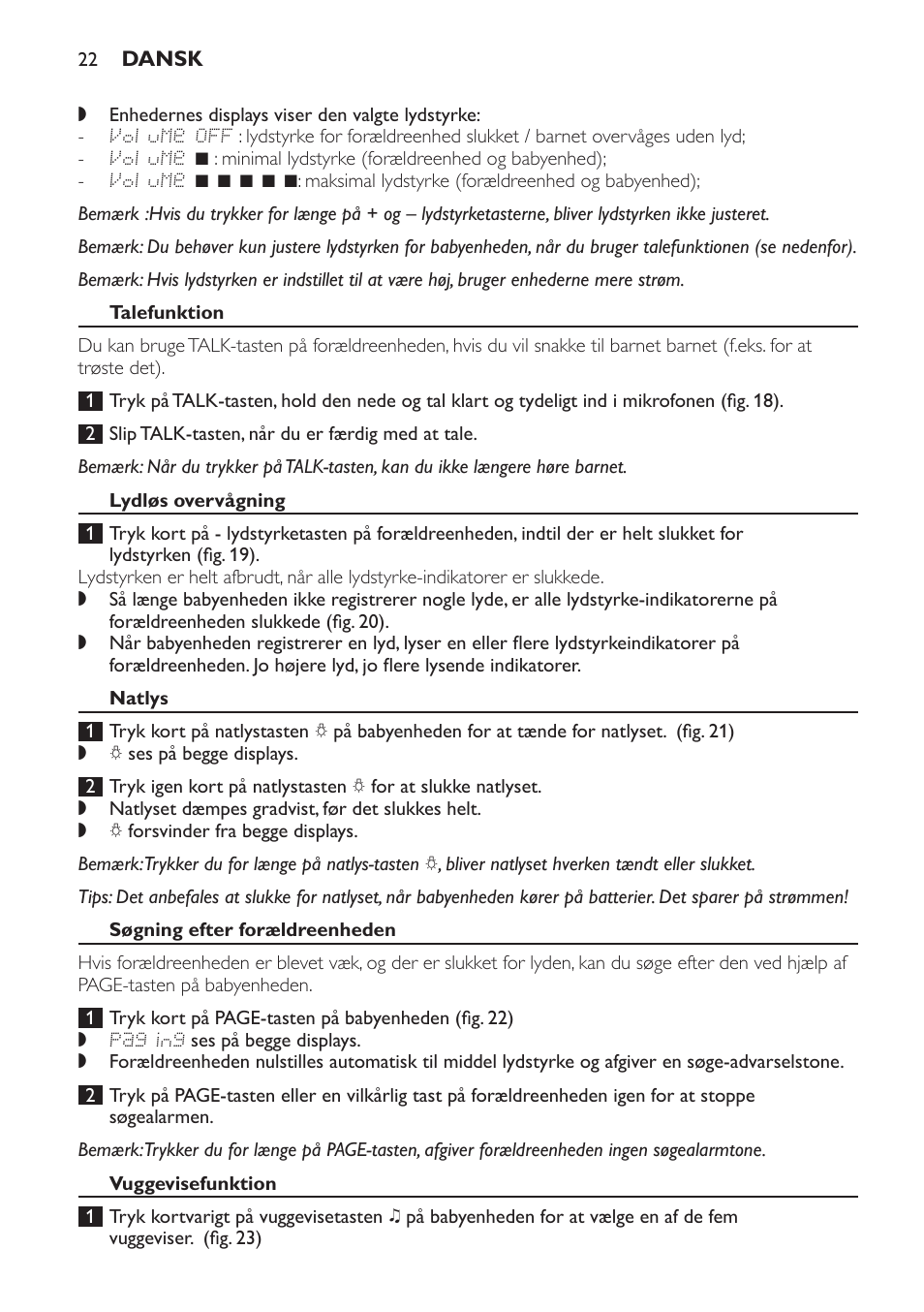 Talefunktion, Lydløs overvågning, Natlys | Søgning efter forældreenheden, Vuggevisefunktion | Philips AVENT Vigilabebés DECT User Manual | Page 22 / 168