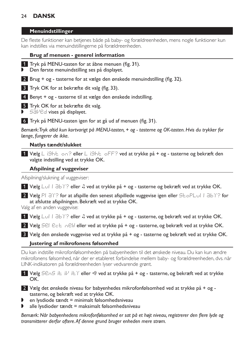 Menuindstillinger, Brug af menuen - generel information, Natlys tændt/slukket | Afspilning af vuggeviser, Justering af mikrofonens følsomhed | Philips AVENT Vigilabebés DECT User Manual | Page 24 / 168