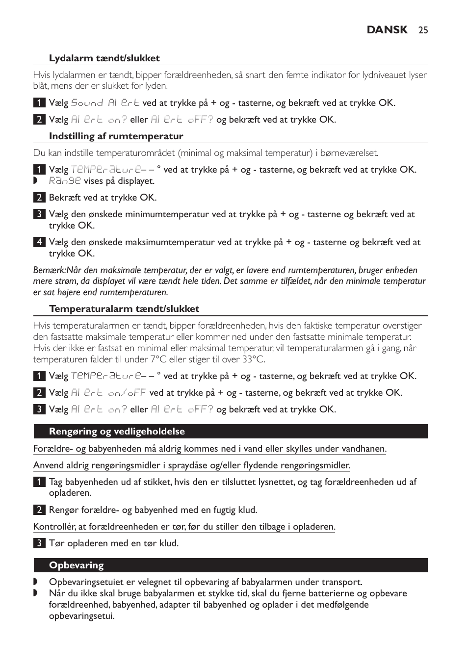 Lydalarm tændt/slukket, Indstilling af rumtemperatur, Temperaturalarm tændt/slukket | Rengøring og vedligeholdelse, Opbevaring | Philips AVENT Vigilabebés DECT User Manual | Page 25 / 168