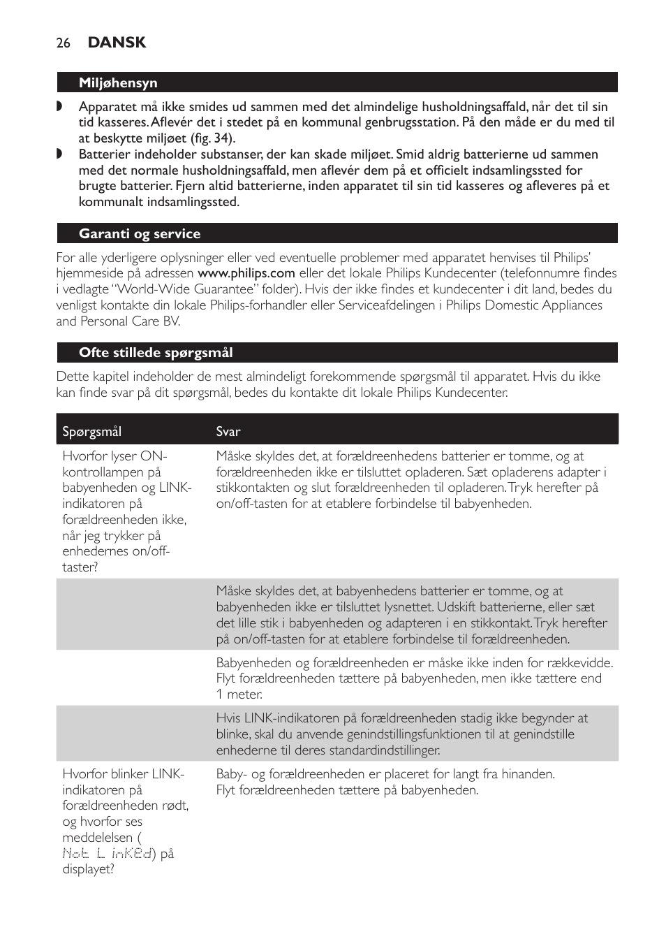 Miljøhensyn, Garanti og service, Ofte stillede spørgsmål | Philips AVENT Vigilabebés DECT User Manual | Page 26 / 168