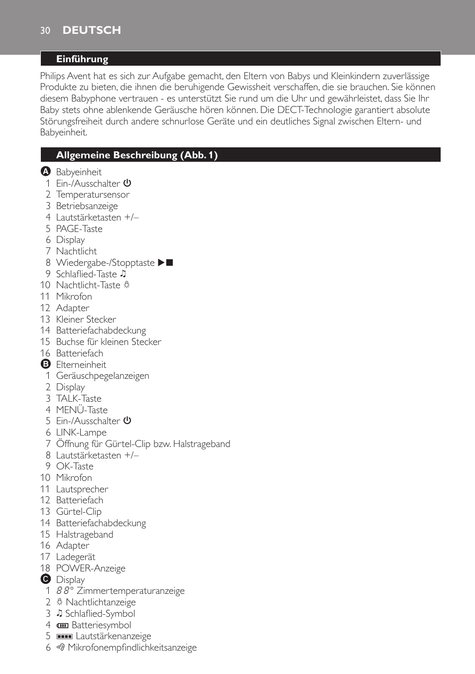 Deutsch, Einführung, Allgemeine beschreibung (abb. 1) | Philips AVENT Vigilabebés DECT User Manual | Page 30 / 168