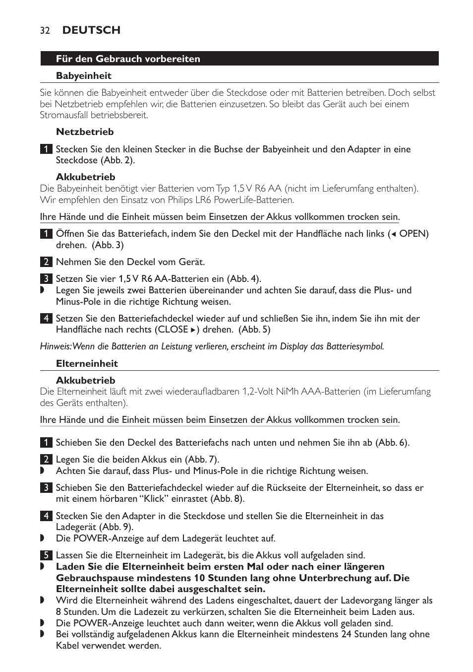 Für den gebrauch vorbereiten, Babyeinheit, Netzbetrieb | Batteriebetrieb, Elterneinheit, Akkubetrieb | Philips AVENT Vigilabebés DECT User Manual | Page 32 / 168