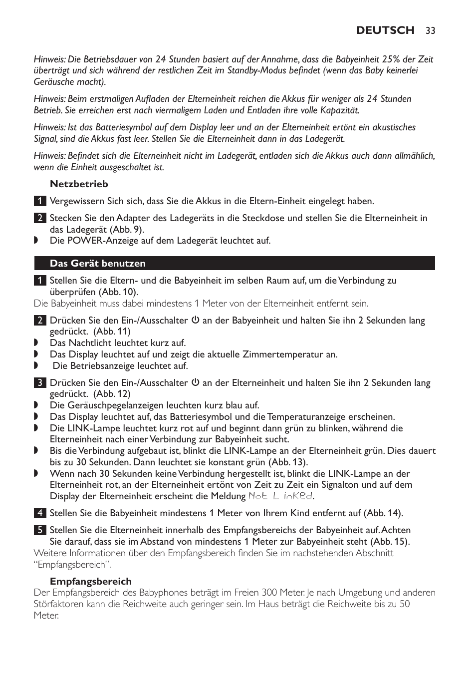 Netzbetrieb, Empfangsbereich, Das gerät benutzen | Philips AVENT Vigilabebés DECT User Manual | Page 33 / 168