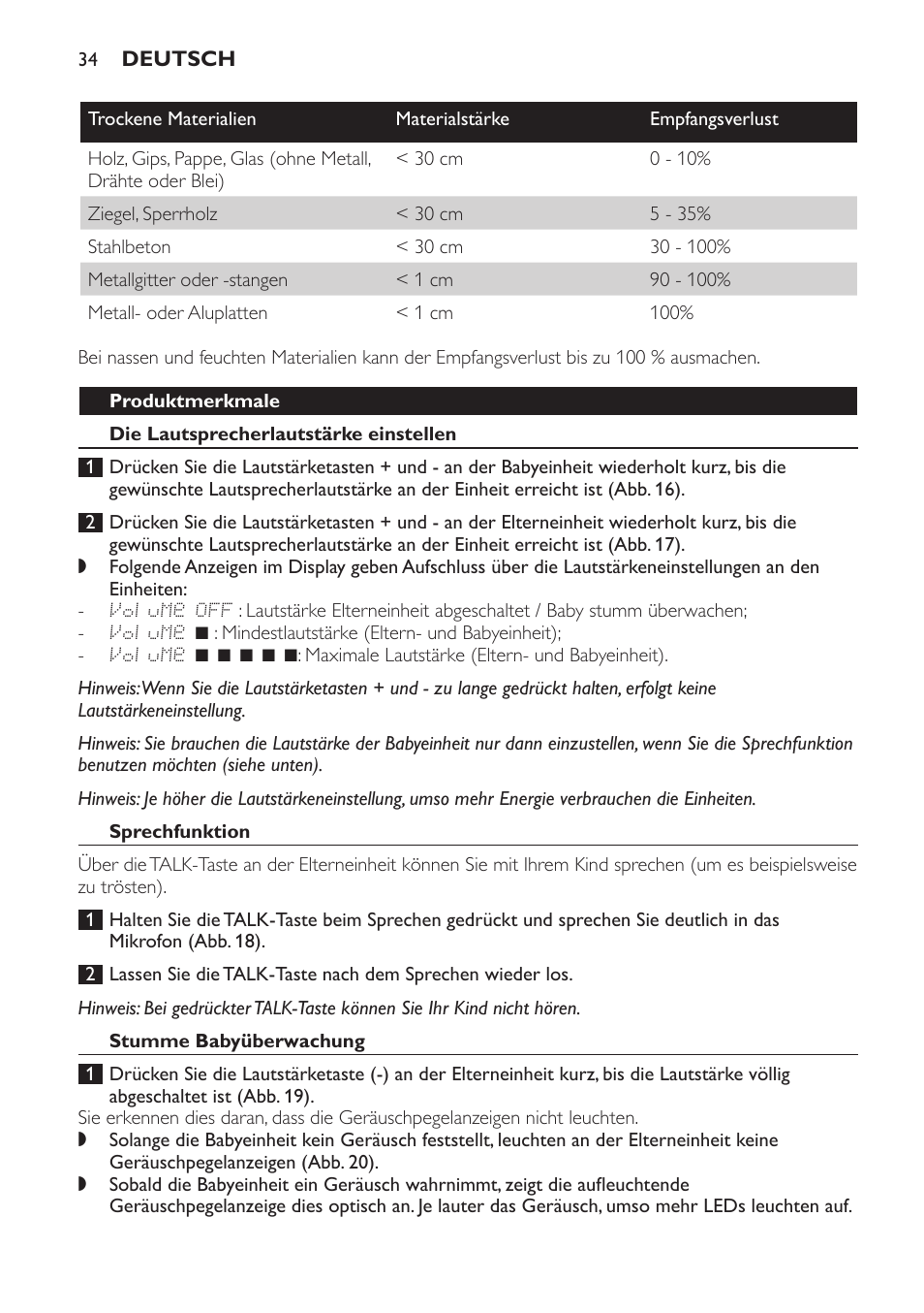 Produktmerkmale, Die lautsprecherlautstärke einstellen, Sprechfunktion | Stumme babyüberwachung | Philips AVENT Vigilabebés DECT User Manual | Page 34 / 168