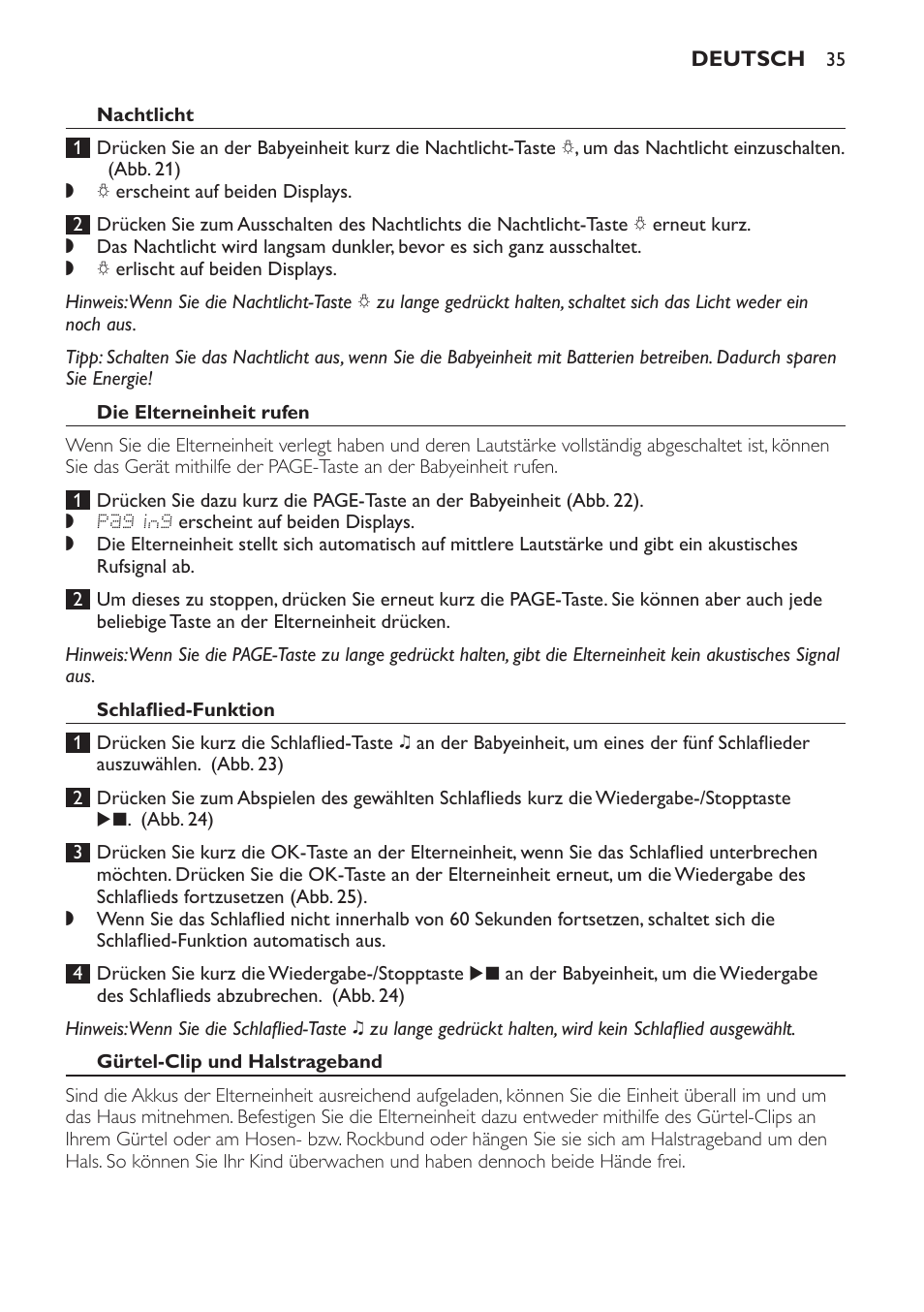 Nachtlicht, Die elterneinheit rufen, Schlaflied-funktion | Gürtel-clip und halstrageband | Philips AVENT Vigilabebés DECT User Manual | Page 35 / 168