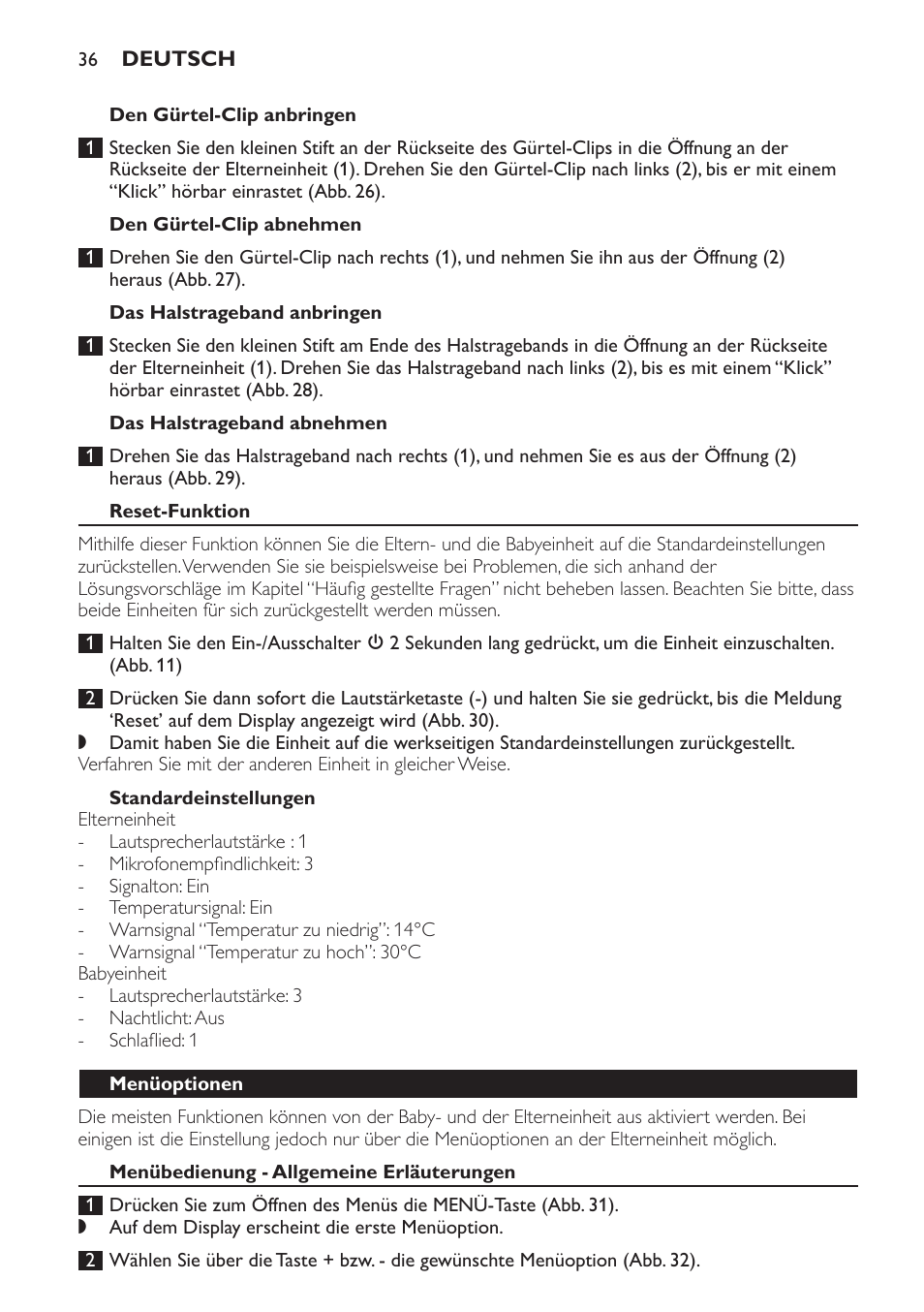 Den gürtel-clip anbringen, Den gürtel-clip abnehmen, Das halstrageband anbringen | Das halstrageband abnehmen, Reset-funktion, Standardeinstellungen, Menüoptionen, Menübedienung - allgemeine erläuterungen | Philips AVENT Vigilabebés DECT User Manual | Page 36 / 168