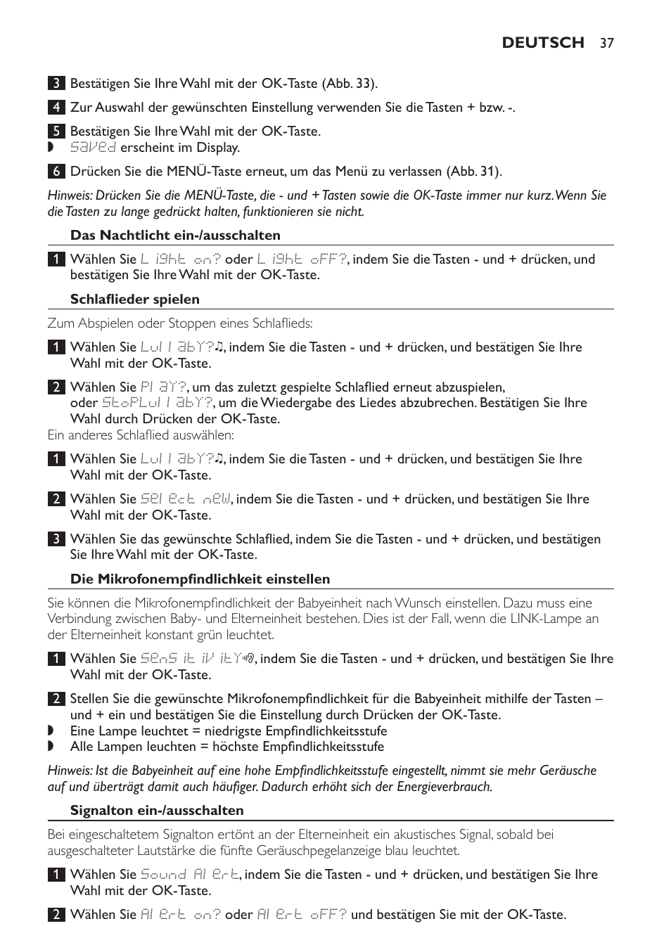 Das nachtlicht ein-/ausschalten, Schlaflieder spielen, Die mikrofonempfindlichkeit einstellen | Signalton ein-/ausschalten | Philips AVENT Vigilabebés DECT User Manual | Page 37 / 168
