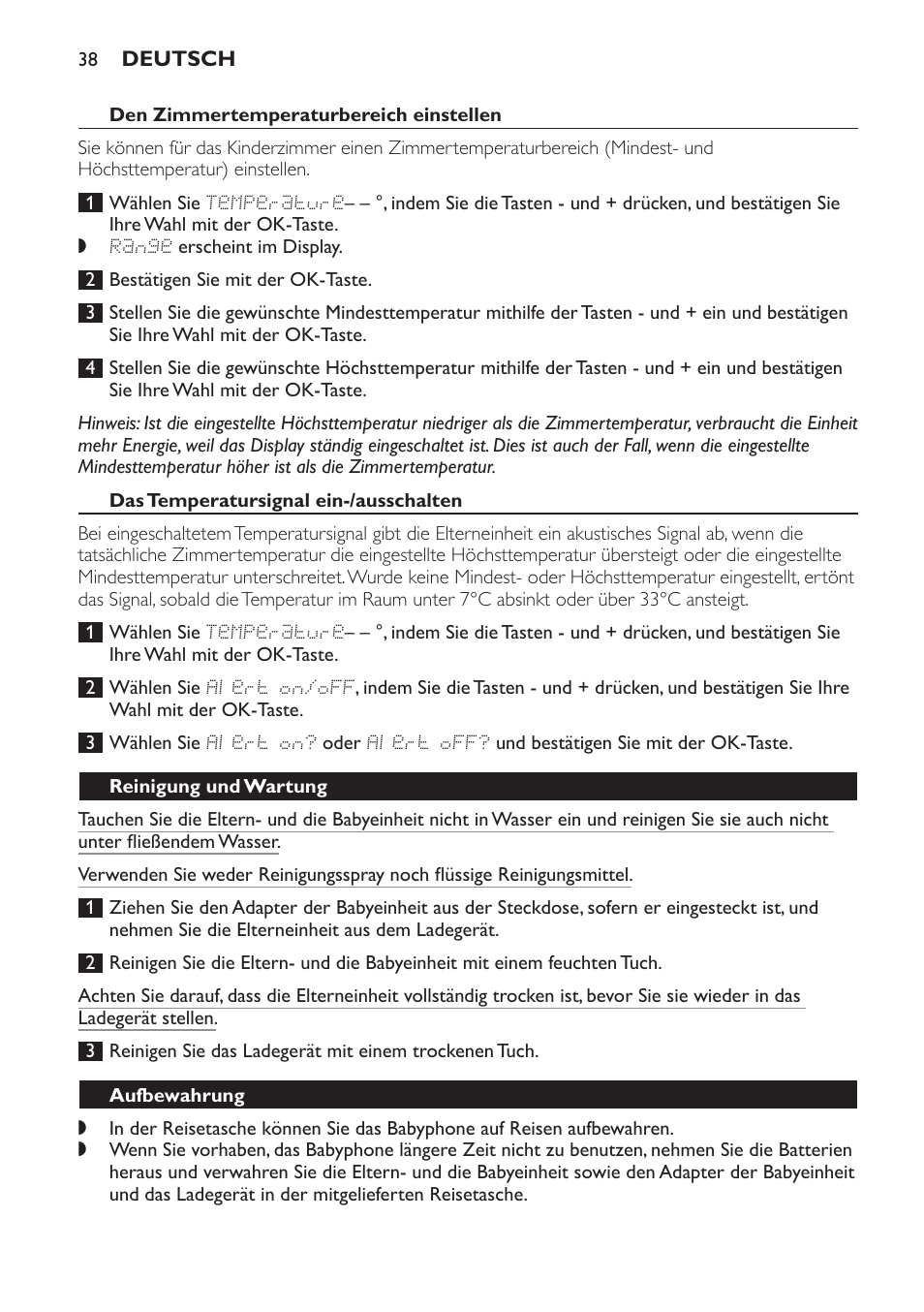 Den zimmertemperaturbereich einstellen, Das temperatursignal ein-/ausschalten, Reinigung und wartung | Aufbewahrung | Philips AVENT Vigilabebés DECT User Manual | Page 38 / 168