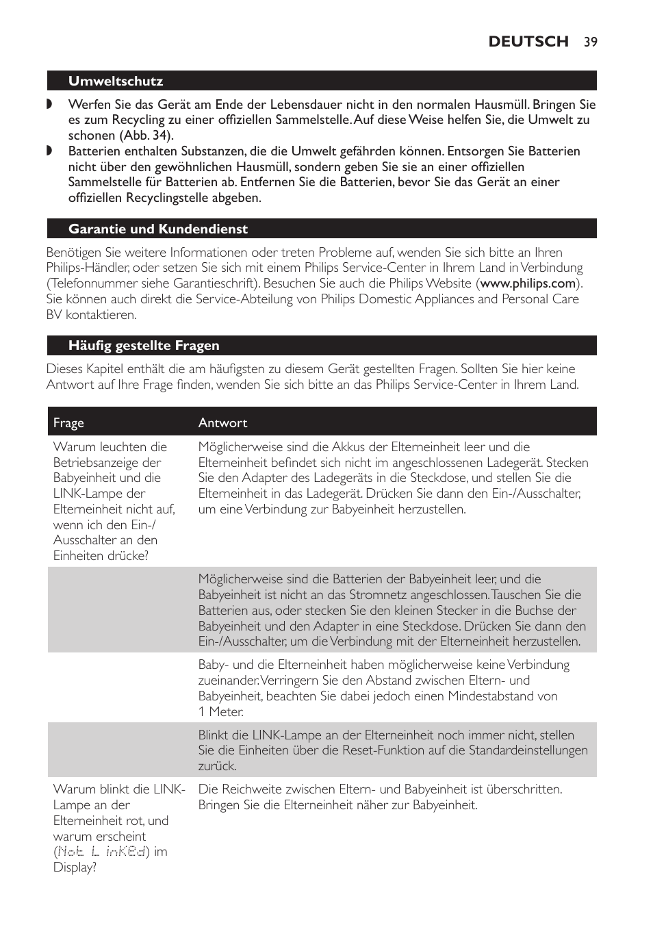 Umweltschutz, Garantie und kundendienst, Häufig gestellte fragen | Philips AVENT Vigilabebés DECT User Manual | Page 39 / 168