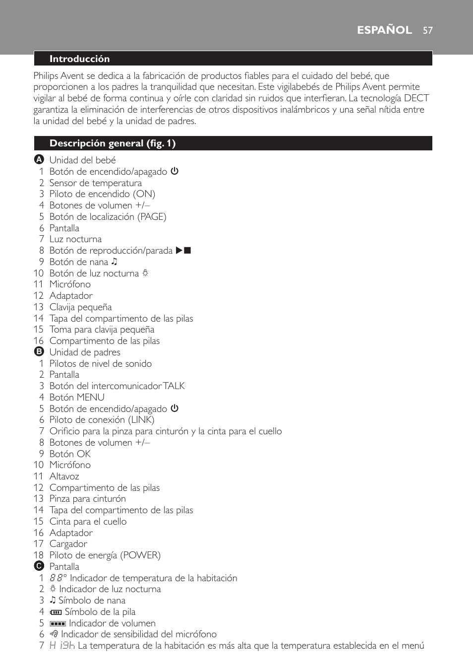 Español, Introducción, Descripción general (fig. 1) | Philips AVENT Vigilabebés DECT User Manual | Page 57 / 168