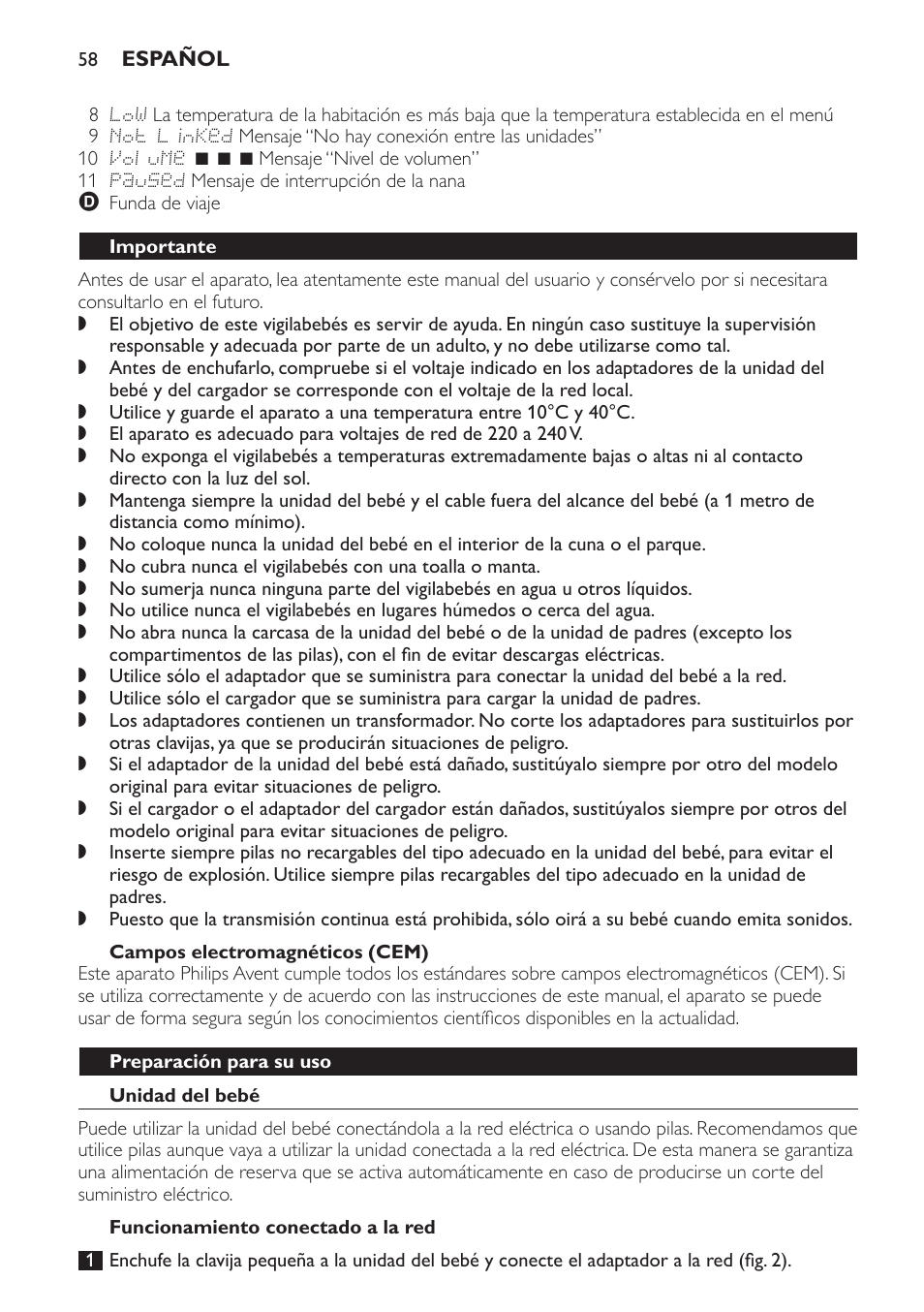 Campos electromagnéticos (cem), Importante, Preparación para su uso | Unidad del bebé, Funcionamiento conectado a la red | Philips AVENT Vigilabebés DECT User Manual | Page 58 / 168