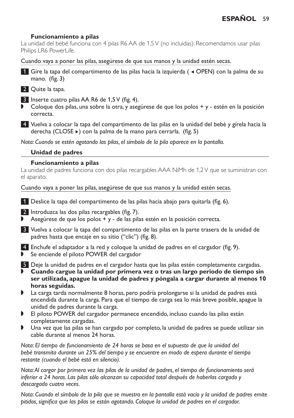 Funcionamiento a pilas, Unidad de padres | Philips AVENT Vigilabebés DECT User Manual | Page 59 / 168